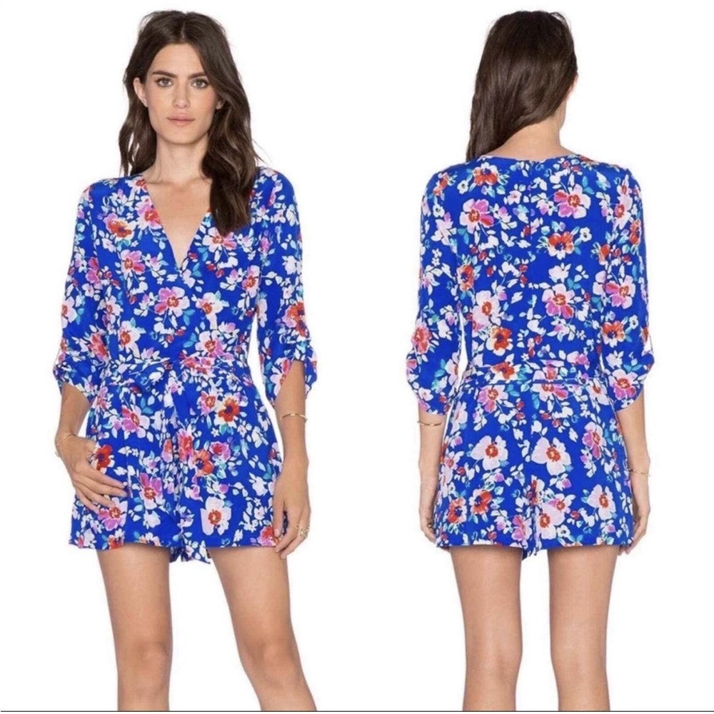 Yumi Kim Blue Liz 100% Silk Romper Lined Sz XS Floral